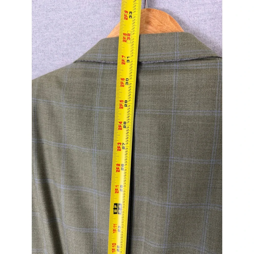 Hickey Freeman Mens 44R Sport Coat Wool Silk Olive Green Windowpane Blazer M481